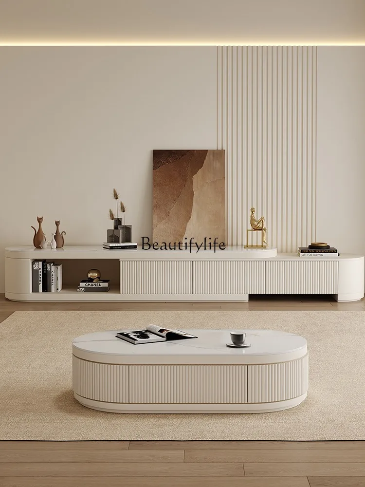 

Cream Style Coffee Table TV Cabinet Living Room Modern Minimalist Retractable Stone Plate Tea Table