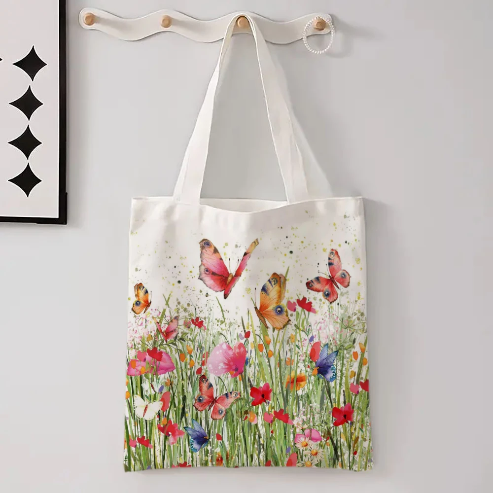 Butterfly Linen Bag Aesthetic Butterfly Tote Bag Women Girls Gift Fun Tote Bag Cute Butterfly on Flowers