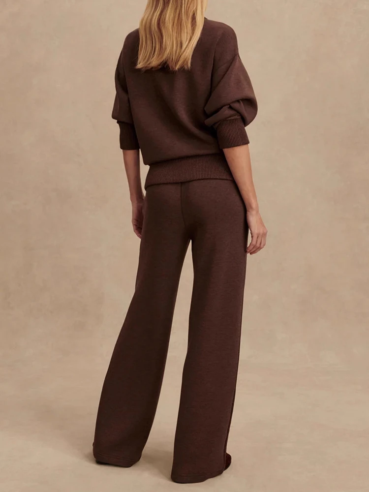 Elegante scollo a V con cerniera Top e pantaloni lunghi Set Tasca causale da donna Manica lunga Abito semplice Abbigliamento sportivo di moda Abiti da 2 pezzi lavorati a maglia