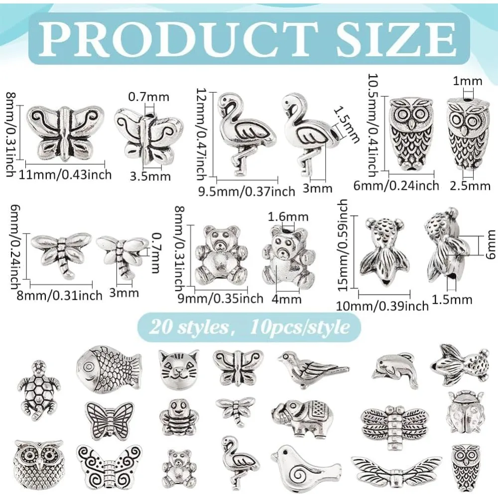 200PCS 20 Styles Bead Metal Spacer Beads Alloy Butterfly Owl Bird Dragonfly Bees Beads Charms Animal Loose Spacer Bead for DIY