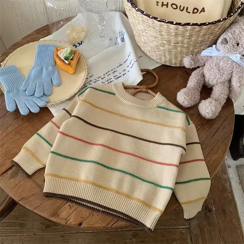 

Korean Autumn and Winter New Children's Children Hit The Color Striped Sweater Baby Knit Sweater Boys and Girls Loose Tops