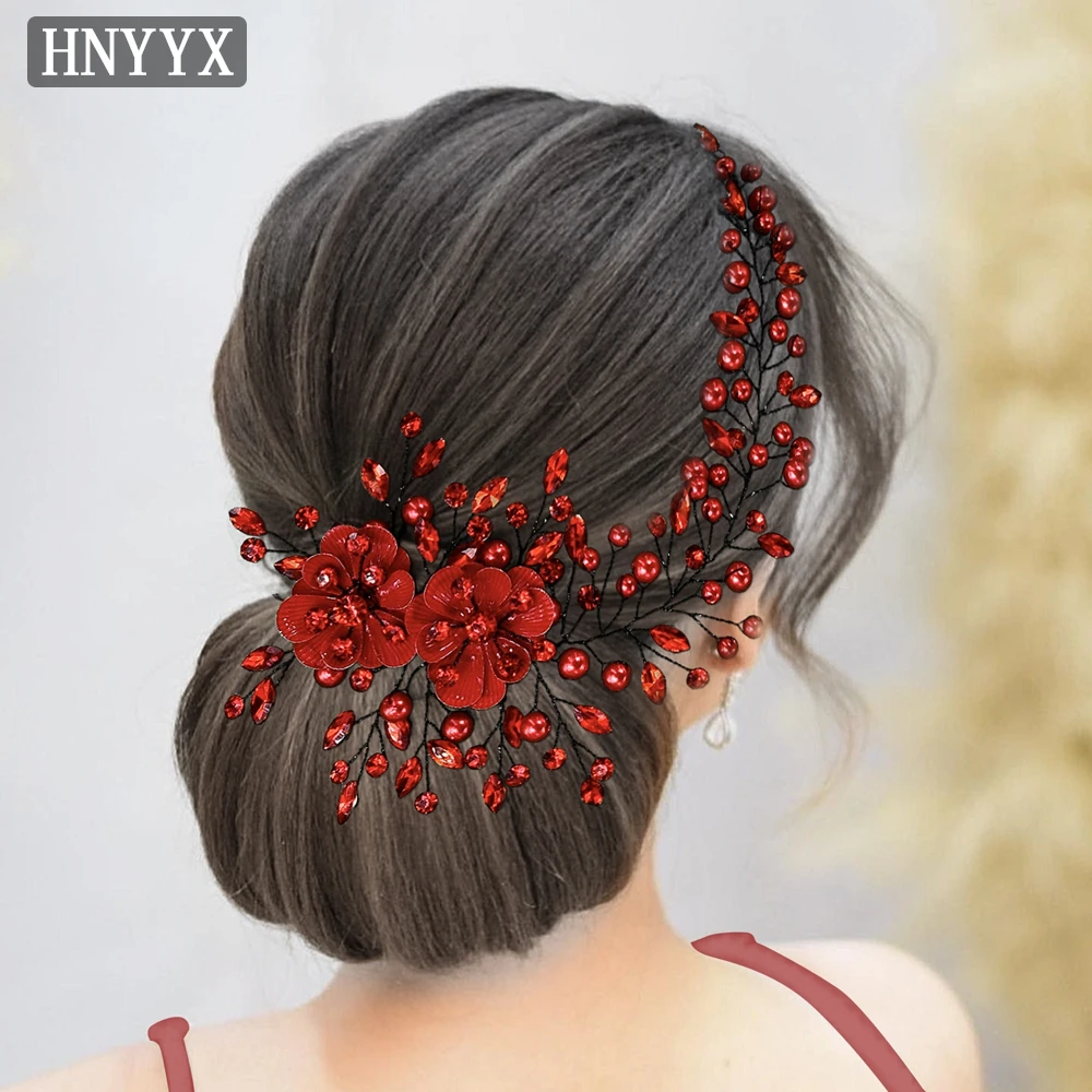 HNYYX Pearl Bridal Headband Fashion Handmade Alloy Flower Party Headpiece Red Crystal Wedding Ladies Hair Accessories A265