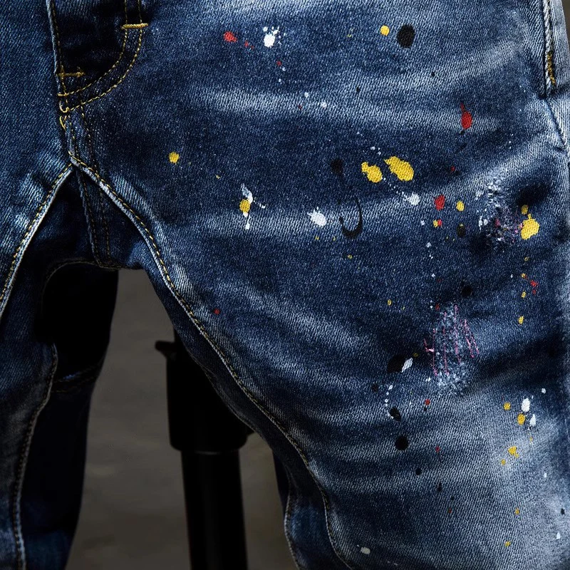 High Street Fashion Men Jeans Retro Blue Stretch Slim Fit Painted Ripped Jeans Men Spliced Designer Hip Hop Vintage Denim Pants