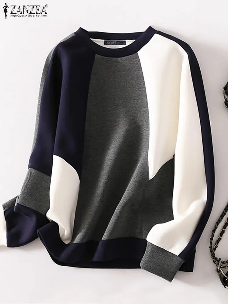 ZANZEA Women Korean Style Pullover Tops Fashion Long Sleeve Autumn 2024 Casual Loose Sweatshirts O Neck Color Block Hoodies