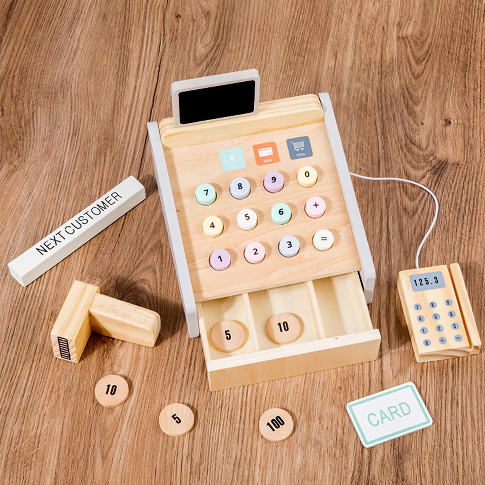 Wooden Register Set Calculator Register Toy for Girls Boys Kids