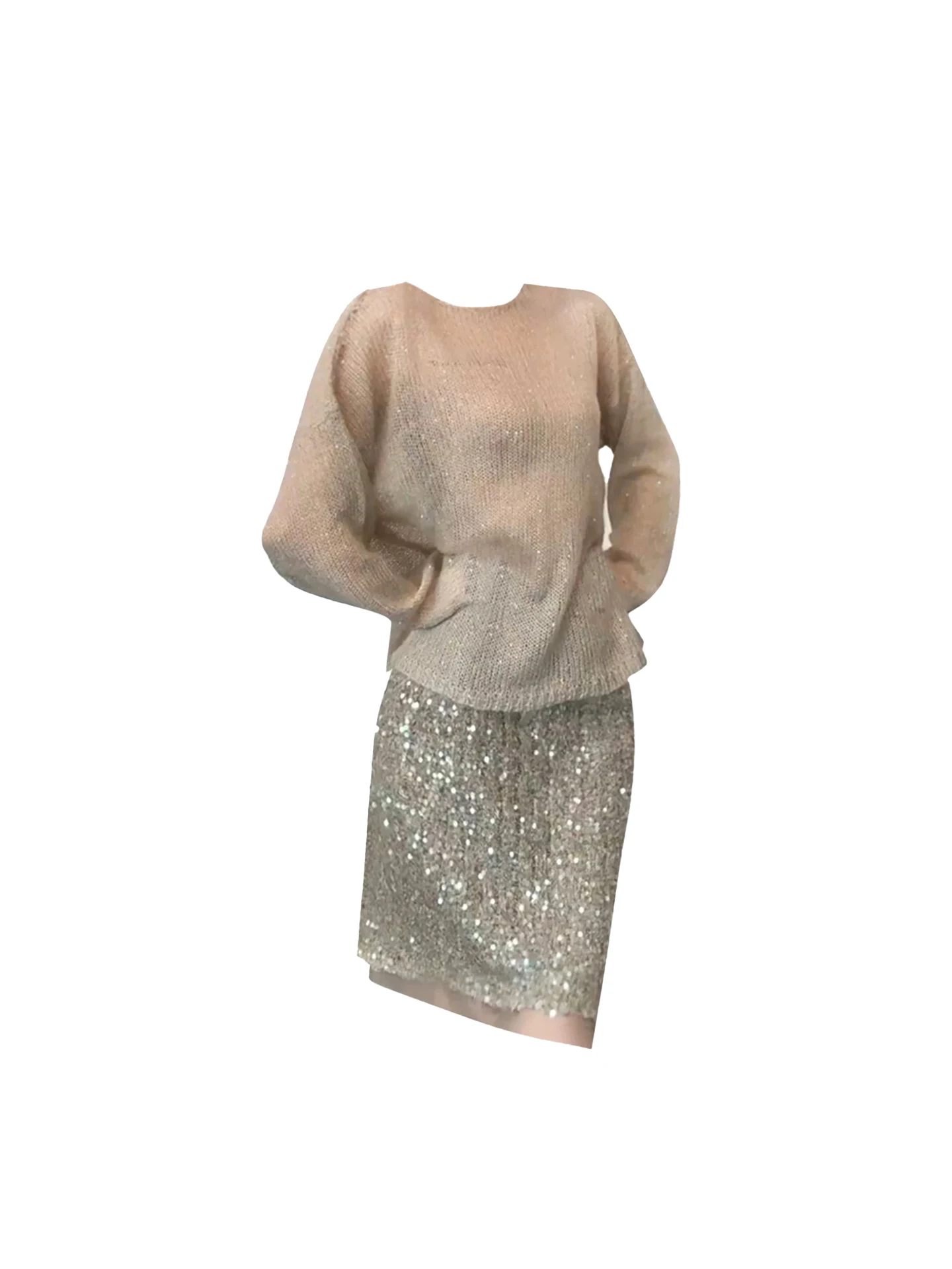 HEZA Top de malha grossa feminino outono inverno glitter f saia conjunto transparente trabalho pesado embelezado Faion plus size conjunto