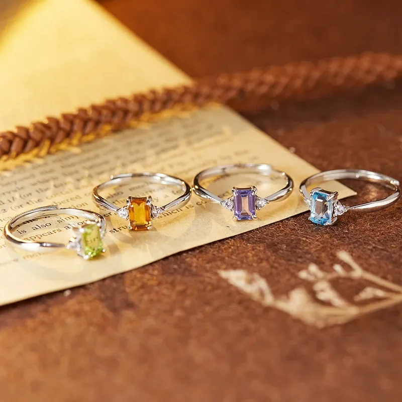 Natural citrine amethyst tanzanite topaz ring S925 sterling silver sugar cube colored treasure women's ring factory wholesale