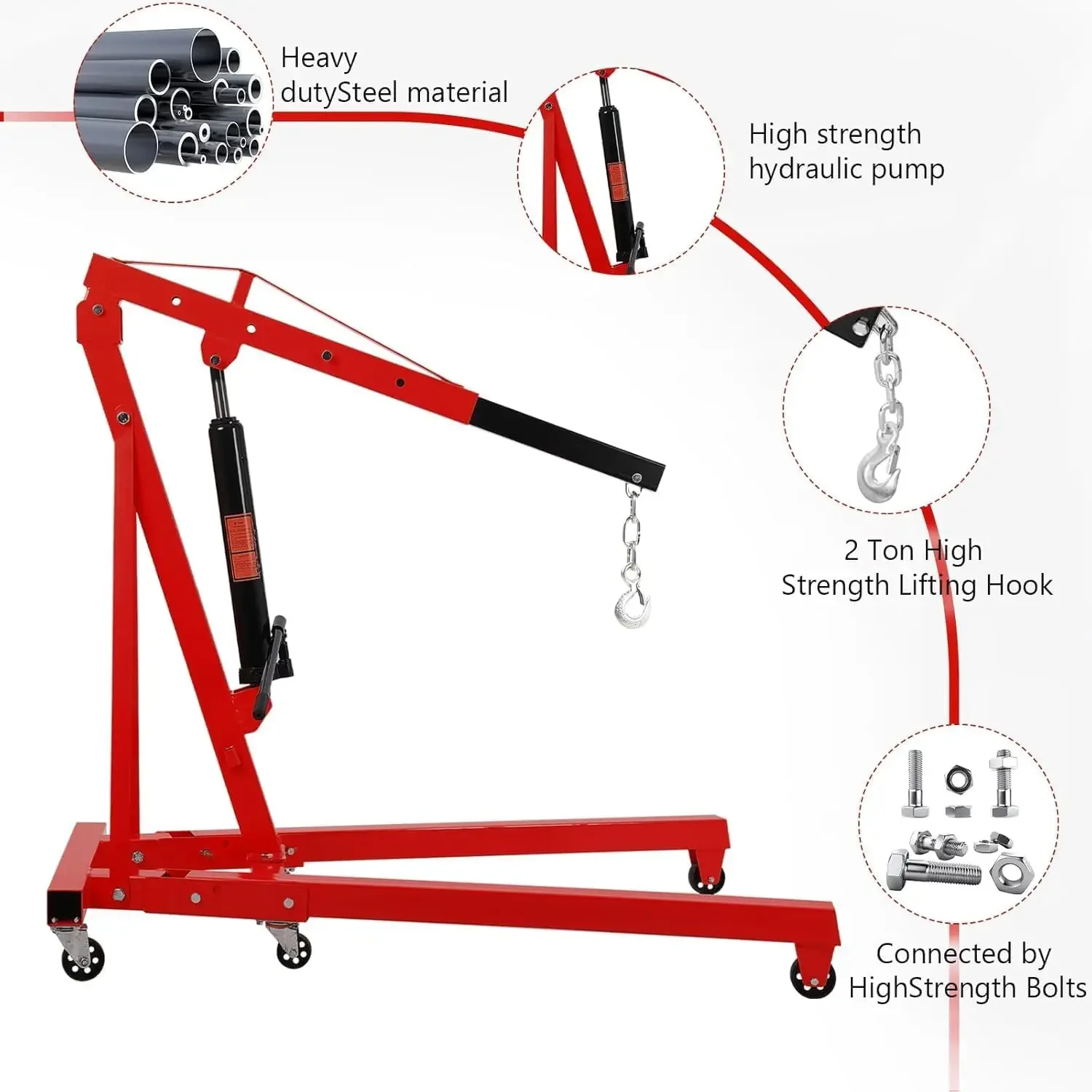 Folding Engine Hoist Stand Cherry Picker, 4000lb Heavy Duty Steel Lift Garage Workshop Auto Repair Foldable Stand 6 Caster, Red