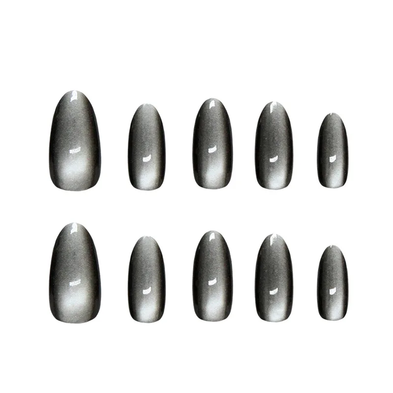 30pcs Medium Almond Press-On Nails - Black Cat Eye French With Cosmic Glitter Edgy Yet Sweet (Multi-Size Fit)