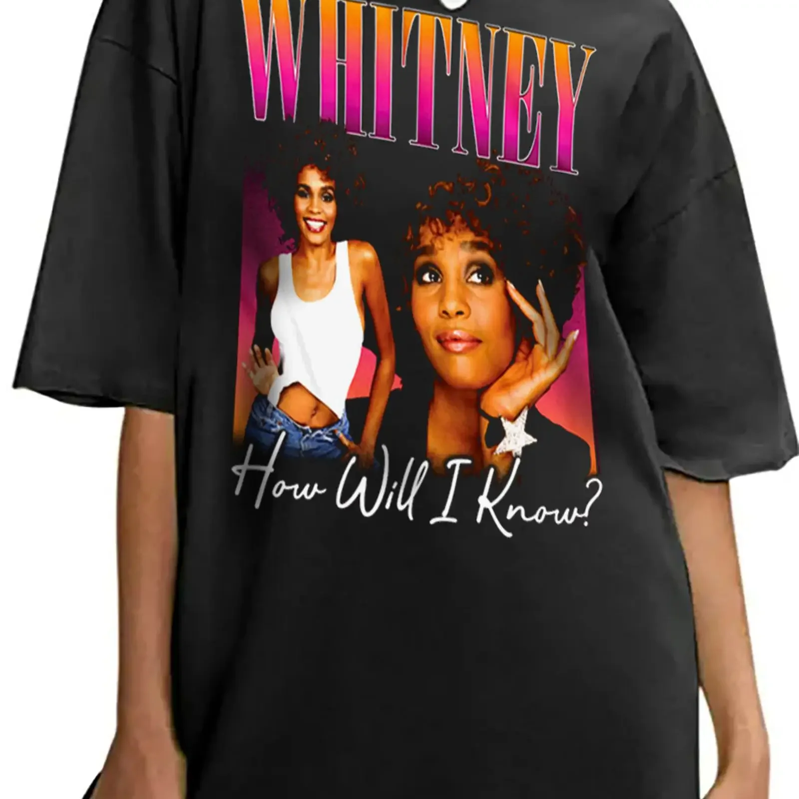 Whitney Houston T Shirt 'How Will I Know' Black  vintage Washed Breathable Versatile Comfortable streetwear designer clothes