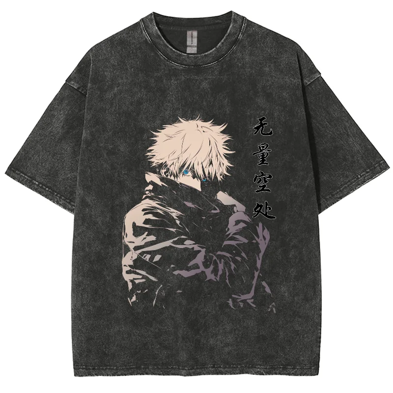 Anime Jujutsu Kaisen Y2K Unisex Washed shirt, Gojo Satoru Oversized Tshirt, Streetwear Vintage Washed Short Tshirt plus-size