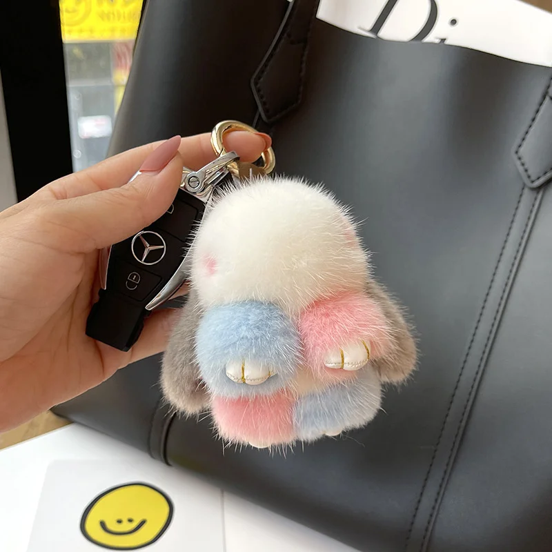

2024 Cute Long Ear Bunny Keychains Real Mink Fur Rabbit Doll Pendant Toys Keyring Bag charm Ornament Pompom Plush Jewelry Gifts