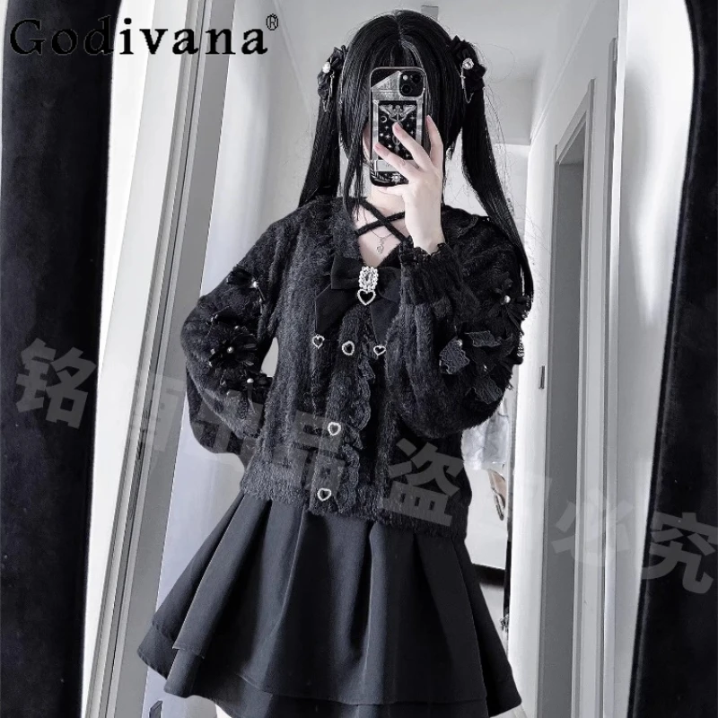 

Japanese Y2K Subculture Mine Cute Black Knit Cardigan Sweaters 2026 Spring New Sweet Knit Jacket Girls High Waist Skirt Outfit