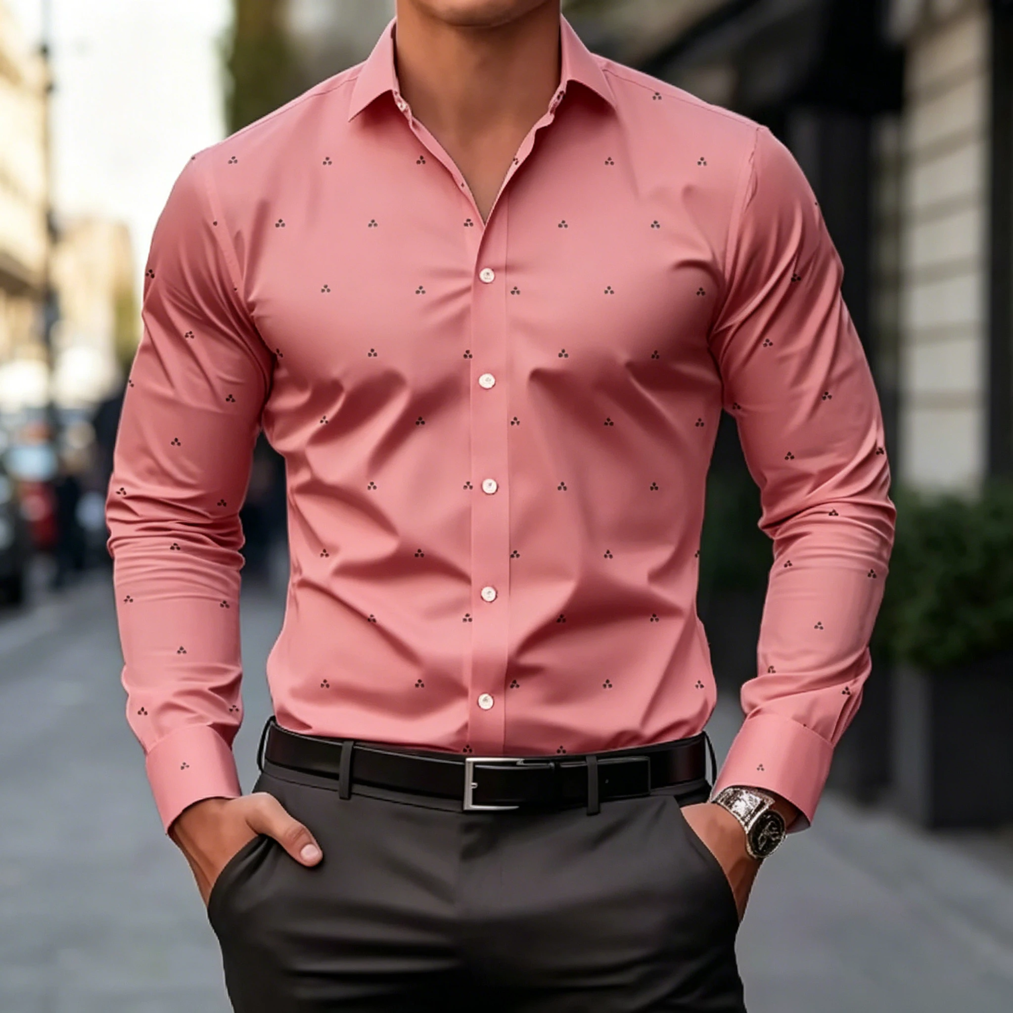 Men Slim Fit Lightweight Long Sleeve Shirt Subtle Geometric Dot Print Breathable Fabric Formal Casual Daily Tops view 4