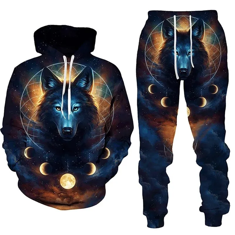 Fashion Wolf Hoodie 3D Printed Hoodie Suit Male Autumn Winter Casual Hooded Sweatshirt Sweatpants Tracksuits 2pc Set Sport Suit