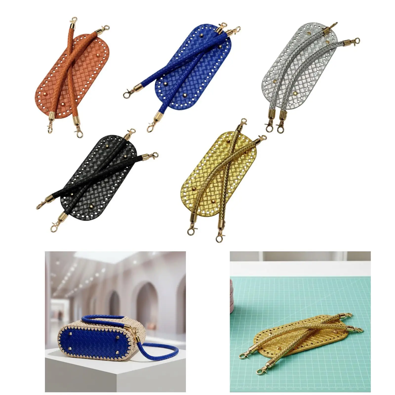 PU Leather Craft Set for Handmade Bags Woven Purse Bottom with Short Handles Metal Feet Easy Attach DIY Base for Crochet Makers