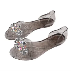 Women Colorful Flowers Crystal Flats Peep Toe Summer Daily Walking Shoes PVC Jelly Slip-Ons Grey Champange Fits Well Tacon 35-41