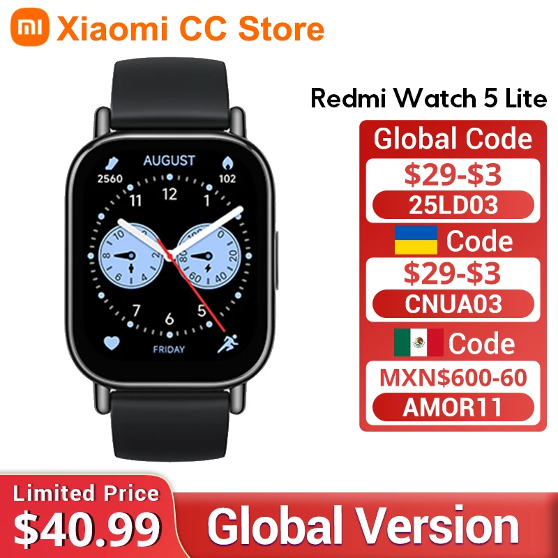 الإصدار العالمي من ساعة Xiaomi Redmi Watch 5 Lite بشاشة AMOLED مقاس 1.96 بوصة عمر بطارية 18 يومًا مدمج GNSS Bluetooth ®   الاتصال 5ATM