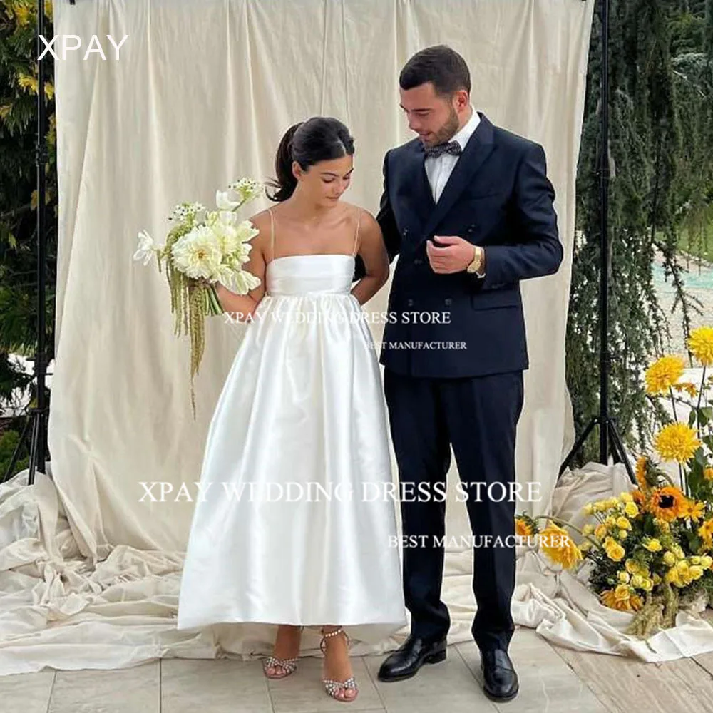 

XPAY Simple Strapless Wedding Dresses Sleeveless Satin Pleats Bride Dress Custom Floor Made Backless Outfit Robe de marriage