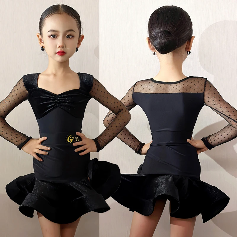 

Детское бархатное боди с длинными рукавами для латинских танцев и юбка-качели с рыбьей косточкой, тренировочные костюмы для бальных соревнований