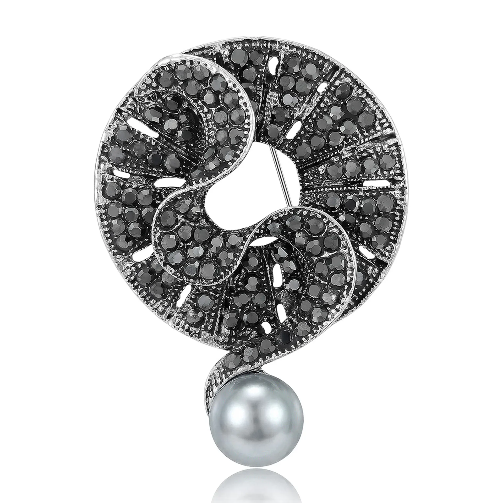 1PC Retro Full Paved Black Crystal Swirl Brooch Gray Pearl Drop Antique Silvery Pin Badge Elegant Formal Dress Coat Accessories