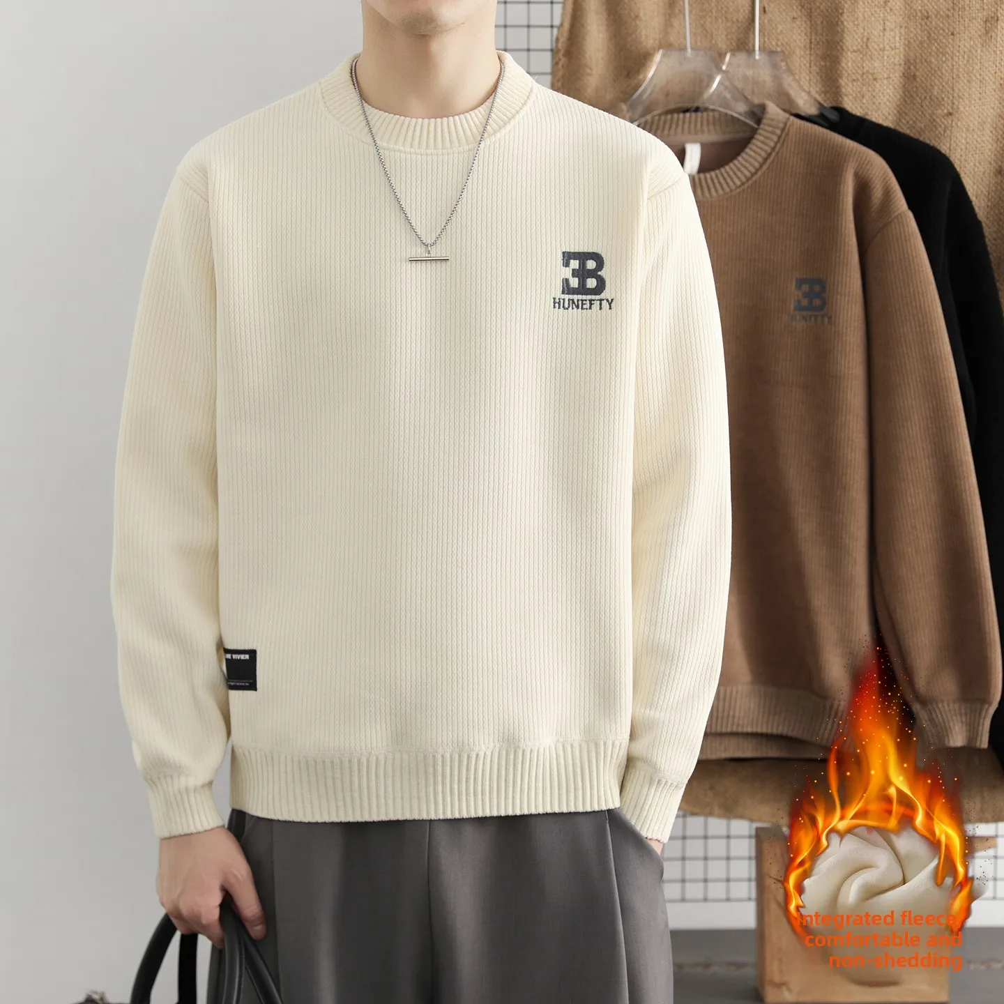 

Men's Fce Lined Thiened Hoodie Casual round Ne Long Sve Sweatirt Warm Faionable American Sle Autumn Winter Wear