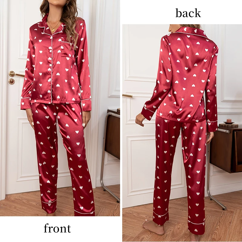 Women\'s Red Printed Love Flip Collar Soft Two Piece Set Long Casual Home Pajama Set Women\'s Red Pajama Set