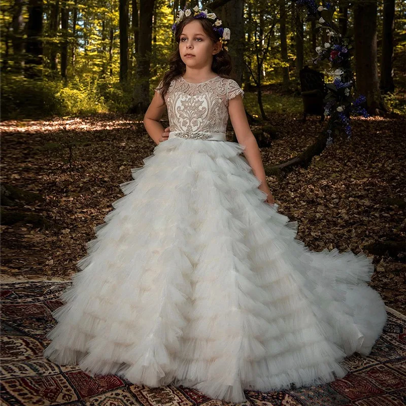 

New Children's Wedding Dress Girl's Performance Hosting Piano Sleeveless Cake Princess Tail Long Flower Girl Dresses