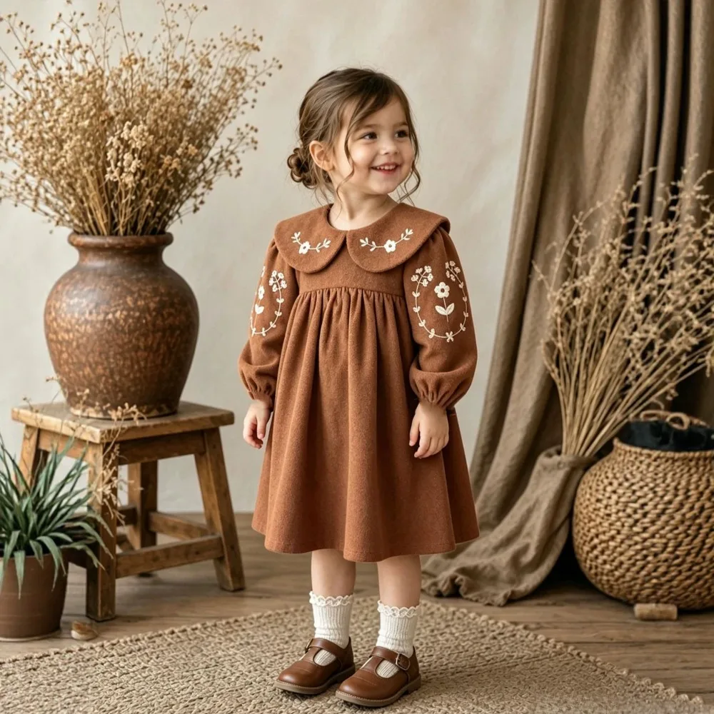 New Autumn Winter Baby Girls Corduroy Long Sleeve Embroidered Princess Dress Romper, Toddler New Year Outfit