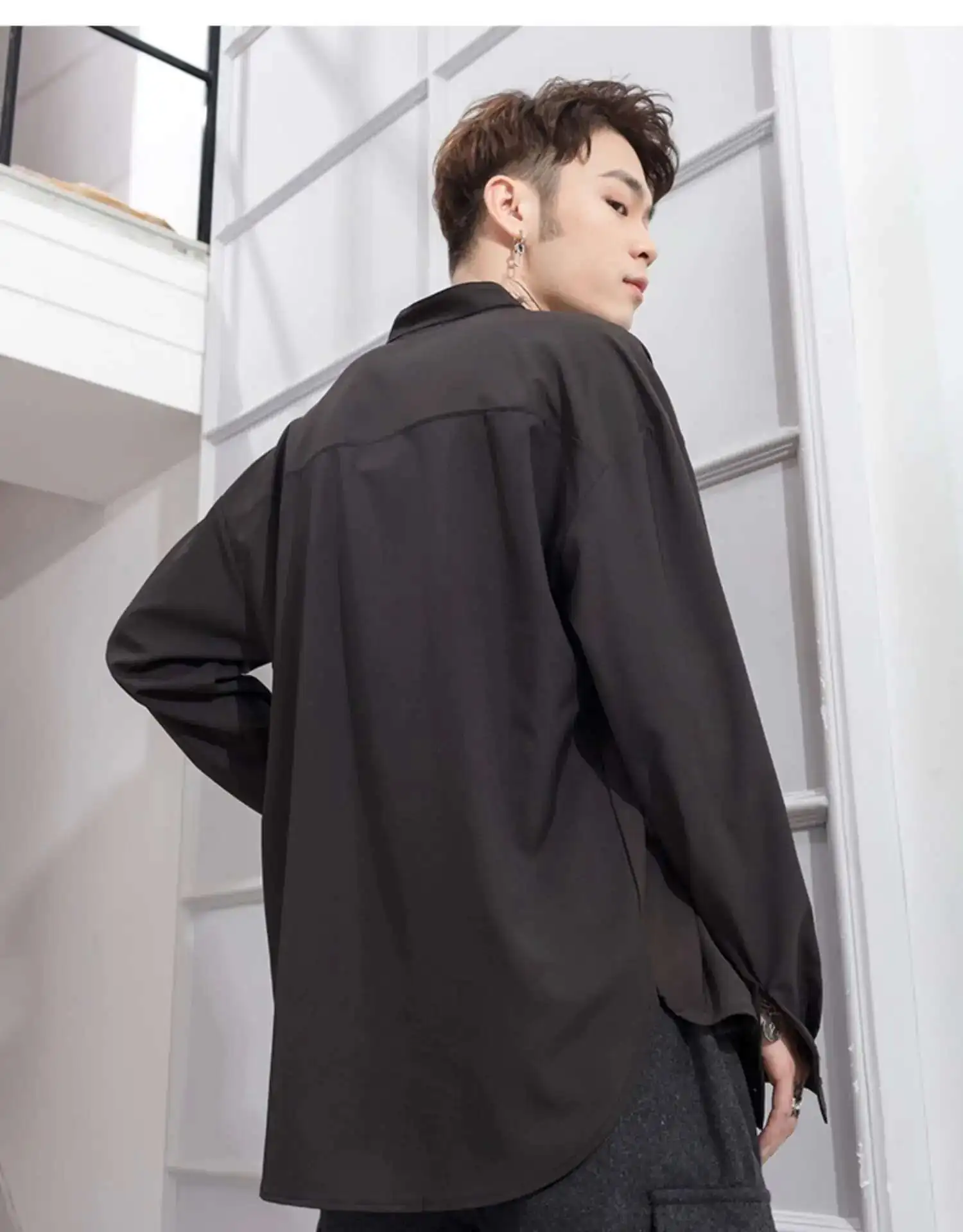 Loose Solid Shirt Men's Sleeve Color Personality Versatile V-Neck Long Pullover Coat