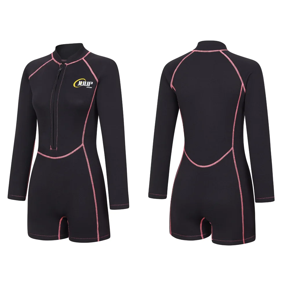 One Piece Swimsuit Women Long Sleeve Short Leg Front Zipper Slim 2.5MM Neoprene Warm Snorkel Surfing Wetsuit