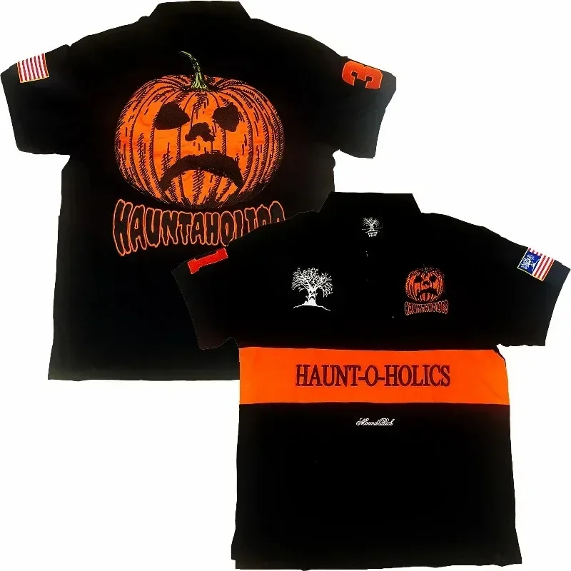 قميص بولو مسكون جبل Y2K ملابس رجالي إمرأة الهيب هوب اليقطين رئيس التطريز المتضخم قميص القطن قصير الأكمام بلايز #3