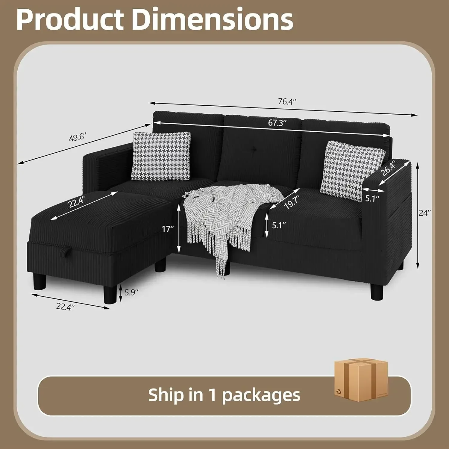 Convertible Sectional Couches for Living Room, L-Shaped Couch 3 Seat Sectional Sofa Set with Corduroy Fabric and Movable Ottoman