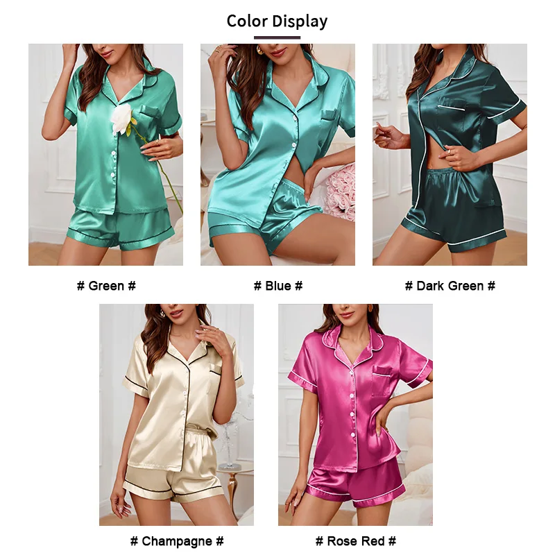 Women\'s Lapel Neck Sleepshirt Sleepwear Summer Satin Pajamas Set Casual Short Sleeve Buttons Top And Elastic Shorts Lounge Set