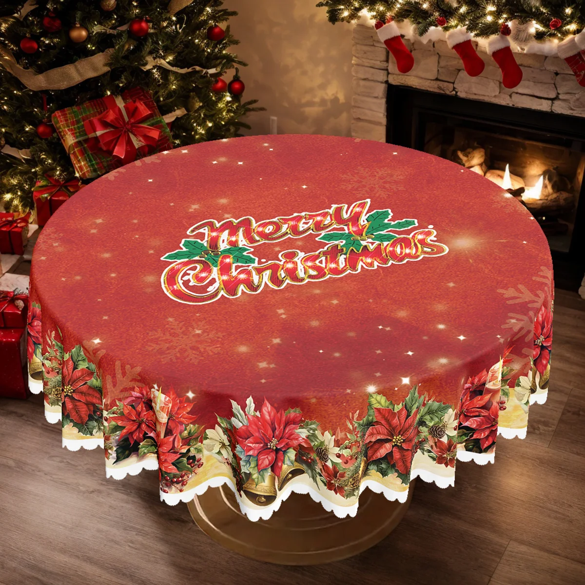 Pack of 1, red Christmas and New Year theme tablecloth, candles, poinsettias, bells and winter snow scene design