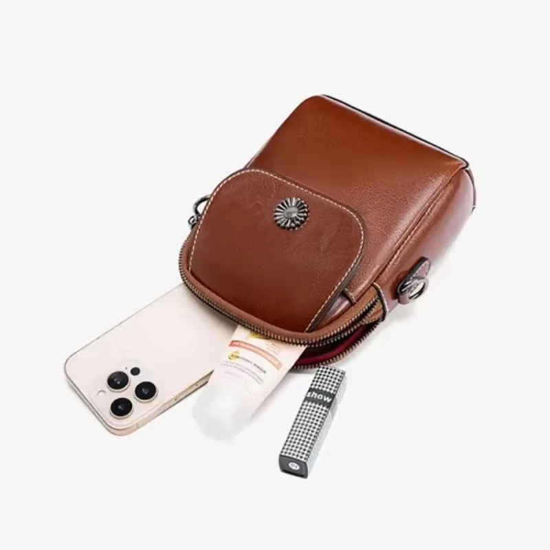 Vintage Women Real Cowhide Phone Crossbody Bag Genuine Oil‑Wax Leather Daisy Decor Magnetic Flap Multi‑Layer Sling Shoulder bag