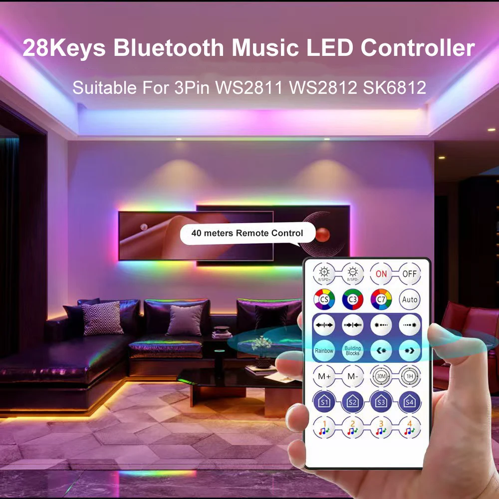 28Key Mini Bluetooth Przycisk muzyczny Kontroler LED DC5-24V Dla 3Pin WS2811 WS2812 SK6812 Indywidualnie adresowalny pasek LED RGB