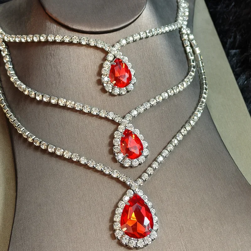 

Red Rhinestone Three Layers Collar Necklace Women's Luxury Shiny Evening Multi Layer Necklace Jewelry Gift Wearing Accessories
