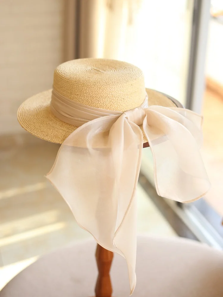 handwoven-laffite-straw-flat-top-hat-sparkling-eurogaze-ribbon-travel-hat-women-summer-sun-protection-sun-hat-knot
