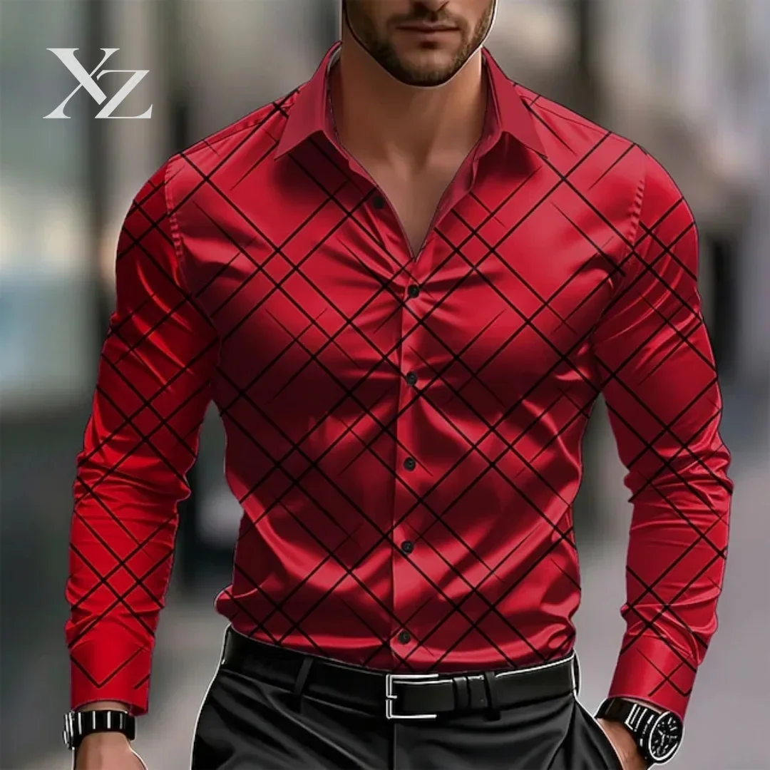 Men's new long-sleeved shirts with checked lapels, suitable for office and casual wear in spring and autumn, work clothes in siz