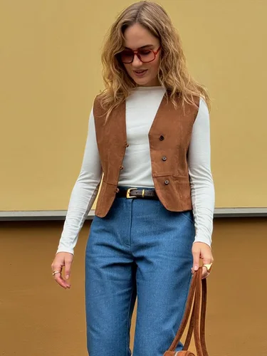 Imagen 2 del producto Chaleco de gamuza Retro a la moda para mujer, chaleco sin mangas con cuello en V y una hilera de botones, novedad de Otoño de 2025, chalecos informales para ir al trabajo, Tops
