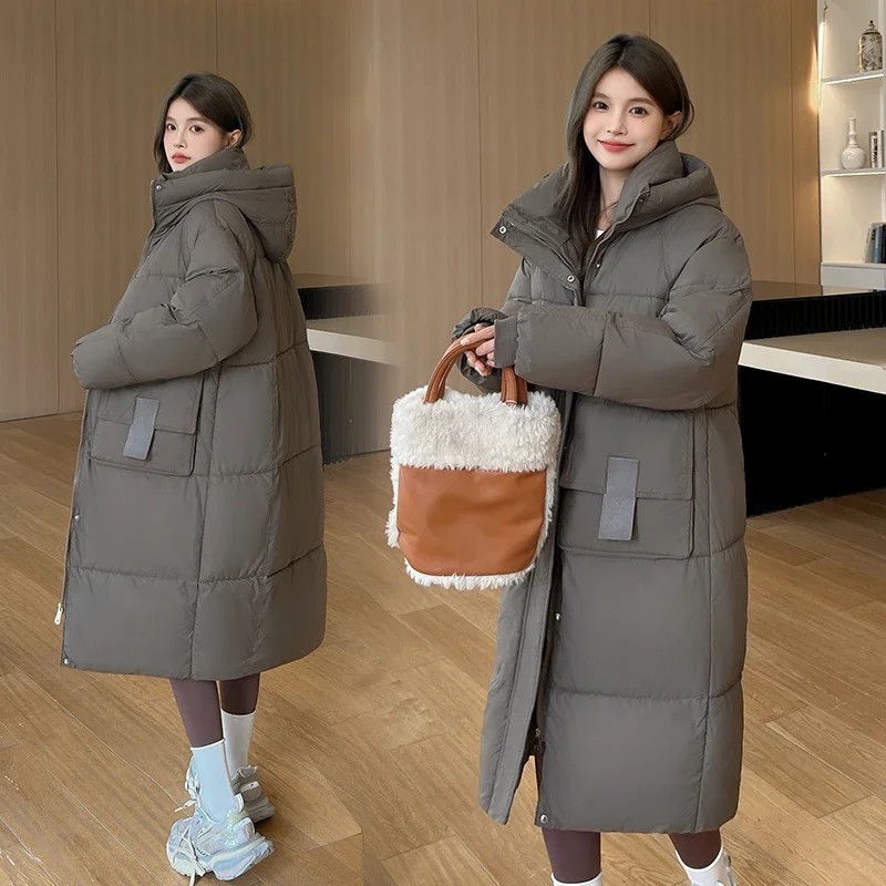 2024 Winter New Thick Loose Long Knee Over Cotton Jacket for Women Korean Edition Student Hooded Large Pocket Cotton Jacket