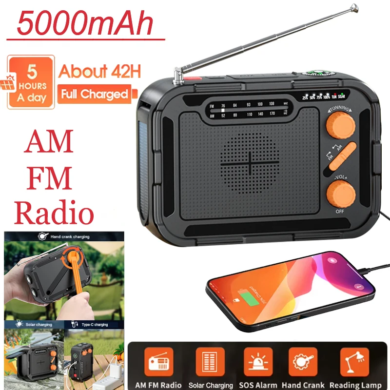 5000mAh Multifunction Radio Hand Crank Solar USB FM/ AM Radio Power Bank Phone Emergency Flashlight LED Torch For Camping Hiking