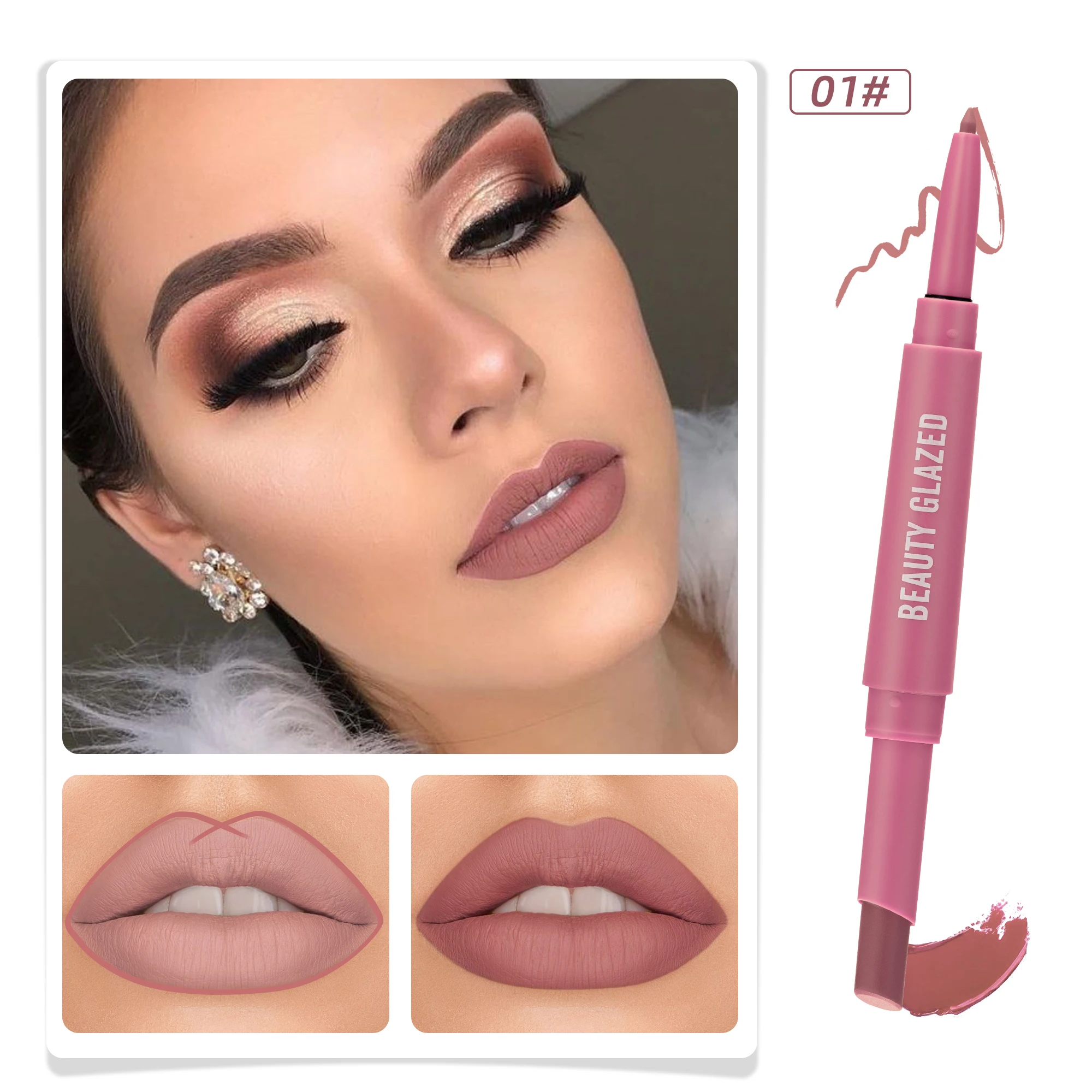6 สี Double-ended Non-stick Cup ลิปสติกติดทนนาน Lip Liner เม็ดสีสูงกันน้ําผู้หญิงของขวัญ