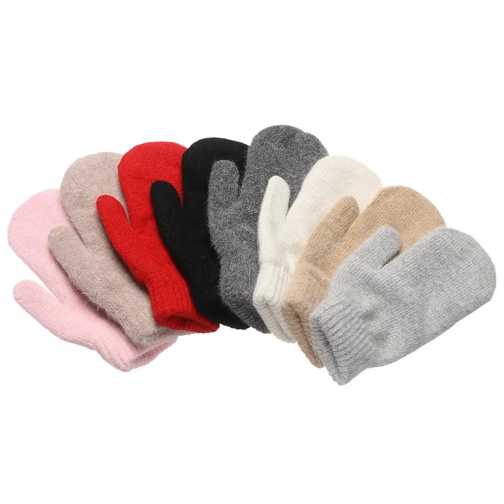 Women Girl Soft Solid Color Double Layer Rabbit Hair Mittens All Fingers Winter Gloves