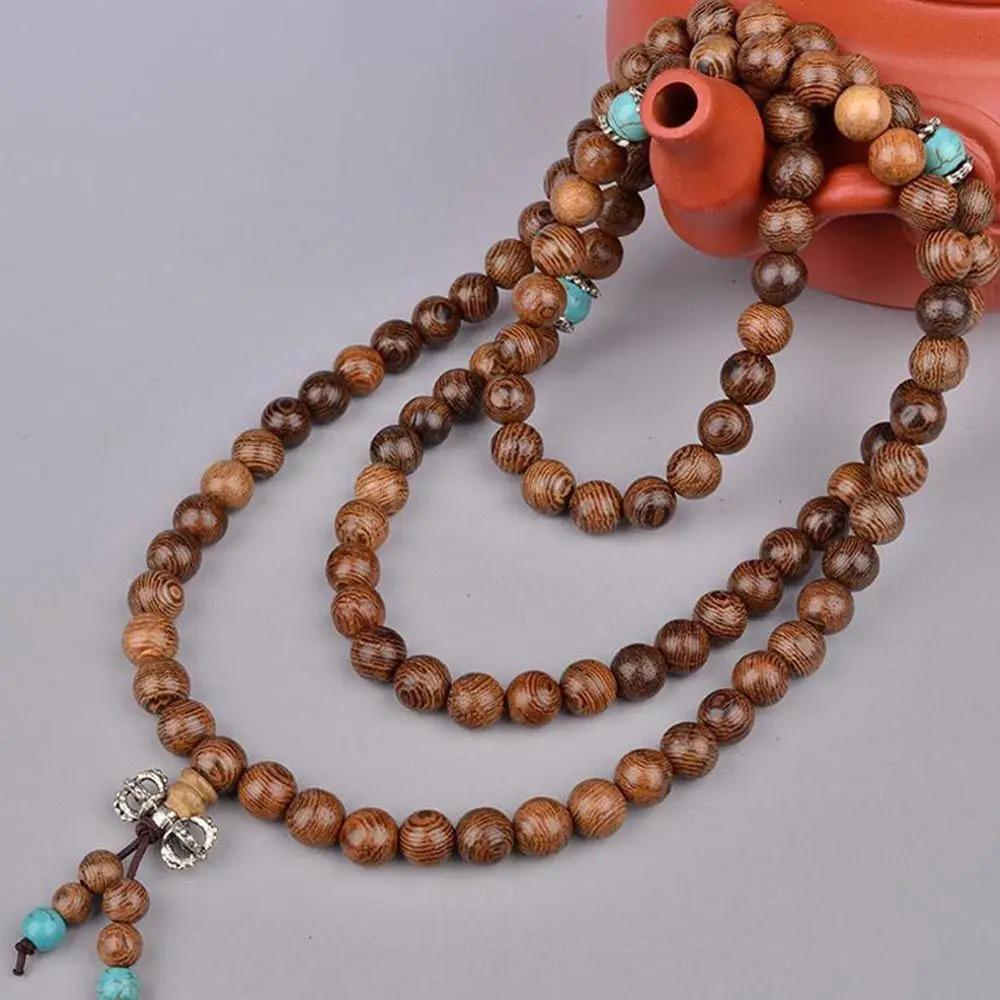 Wood Stone Mala 108 Rosary Tibetan Turquoise Buddhist Bracelet Wenge