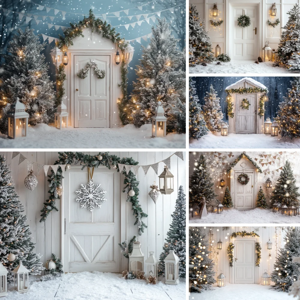 

Photography Background Winter Christmas White Wood Door Garland Xmas Tree Kids Family Portrait Decor Backdrop Photo Studio