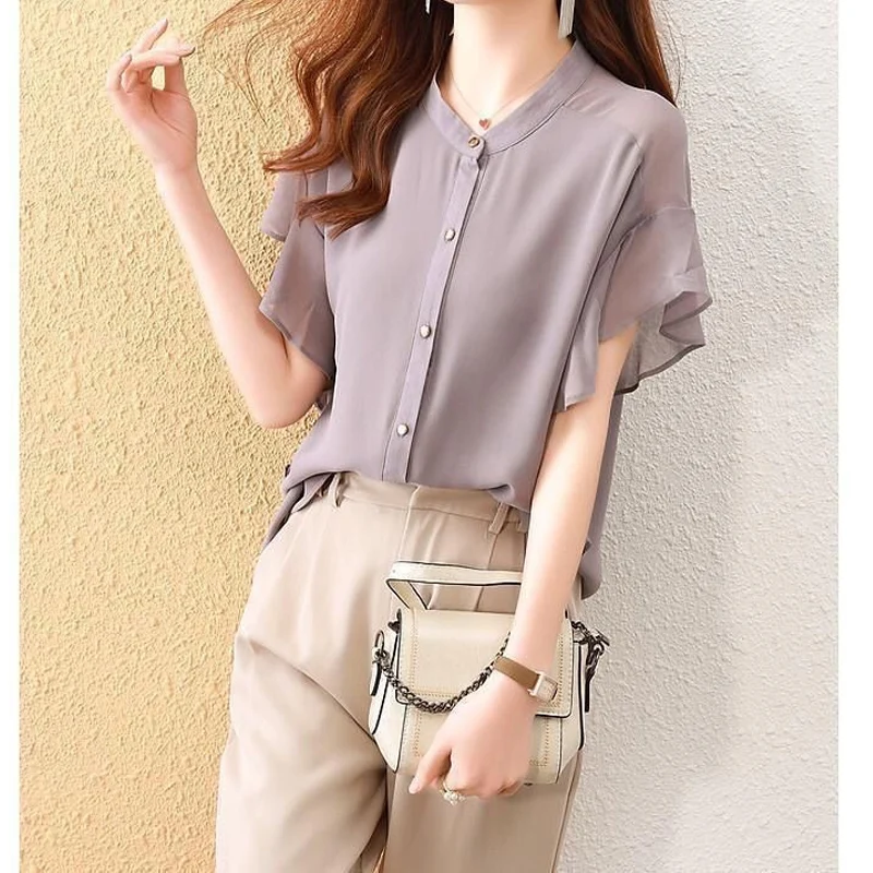 Summer All-match Chiffon Button Blouse Short Sleeve Solid Simplicity Thin Loose Office Shirt Tops Elegant Fashion Women Clothing