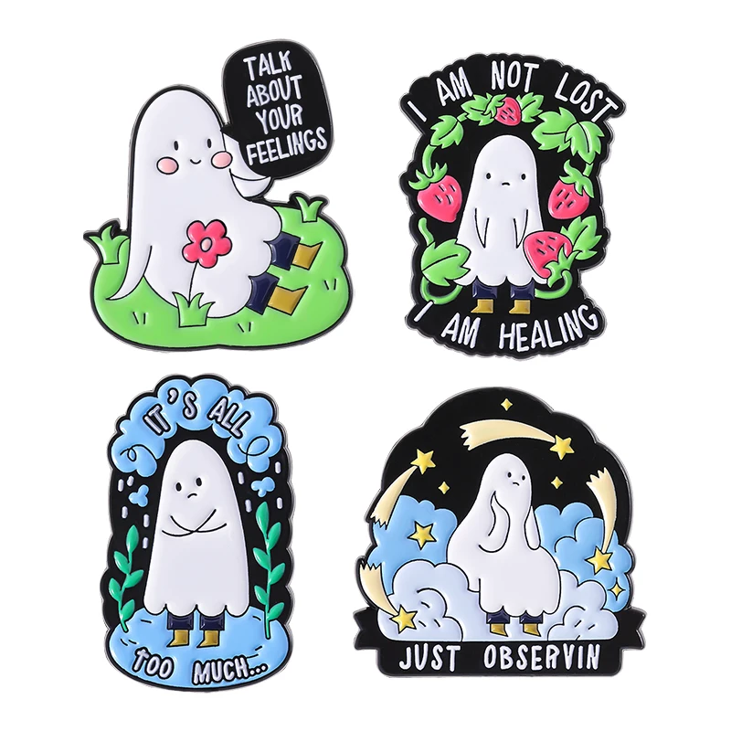 

Emotional Ghost Boo Enamel Pins Talk About Your Feelings All Too Much I Am Healing Brooches Lapel Pins Backpack Jewelry Badges