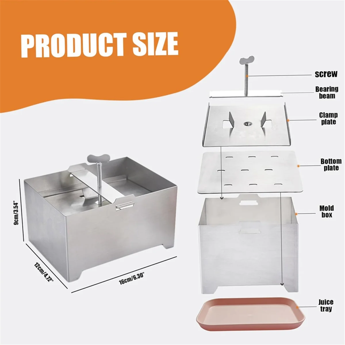 مكابس توفو A48I، مكابس توفو من الفولاذ المقاوم للصدأ، صانع لوح قابل للتعديل مع فتحة تصريف وصينية تنقيط